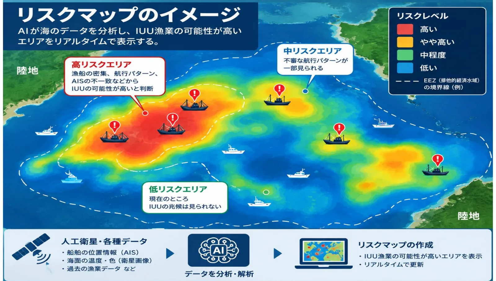 西南（B班）のスライド「リスクマップのイメージ」。IUU漁業の可能性が高いエリアを色分けした海図
